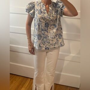 Boutique purchased entro brand Blue and Cream Floral V-Neck Blouse